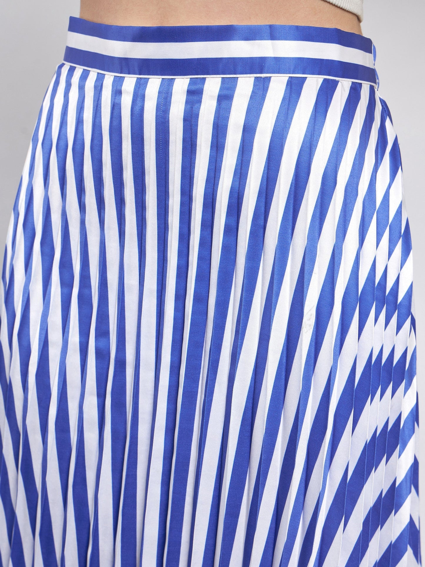 Blue & White Satin Striped Accordion Pleated Maxi Skirt