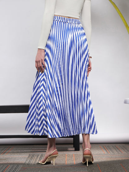 Blue & White Satin Striped Accordion Pleated Maxi Skirt