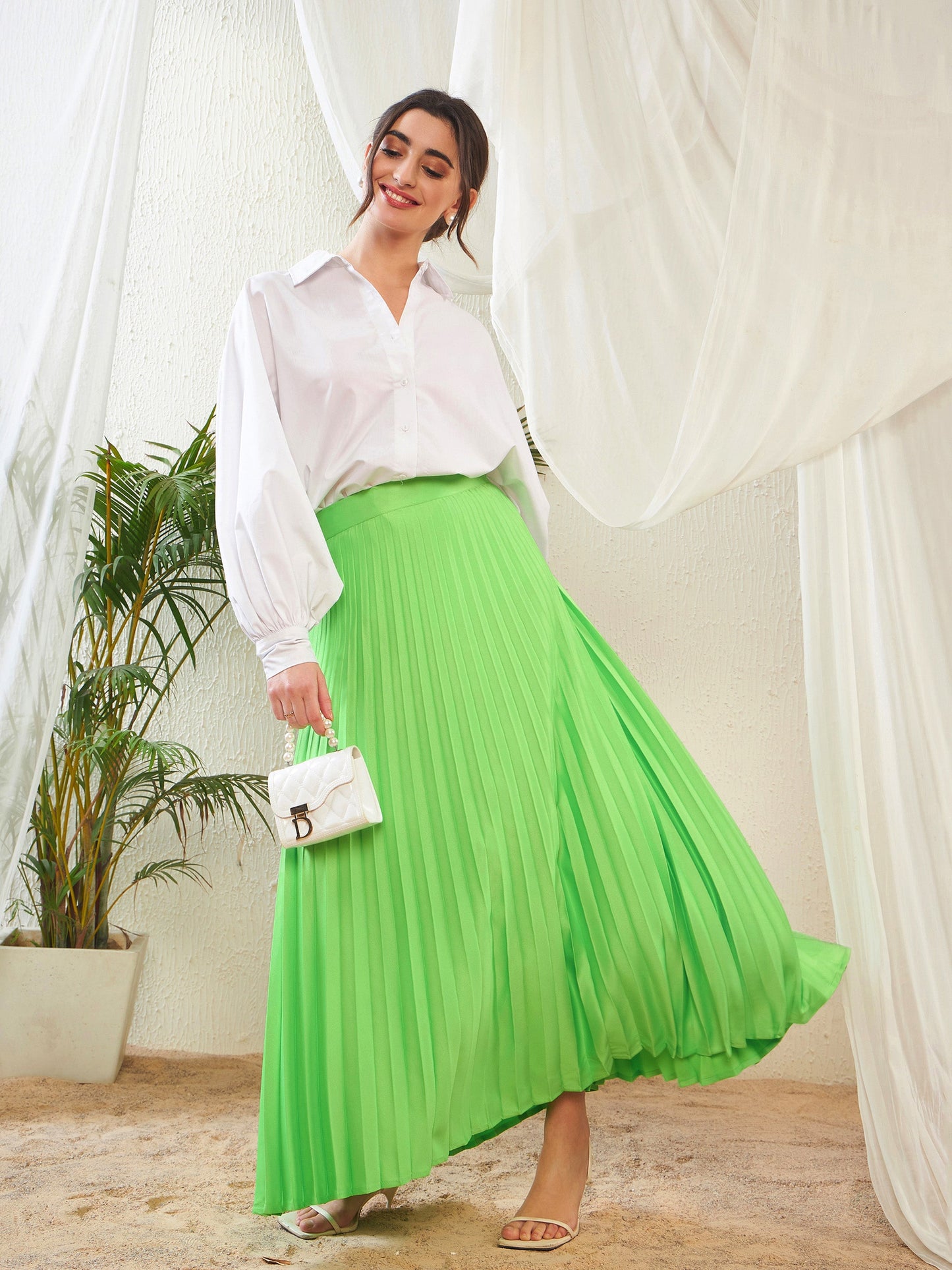 Green Satin Accordion Pleated Maxi Skirt