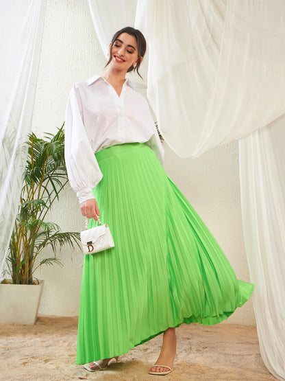 Green Satin Accordion Pleated Maxi Skirt