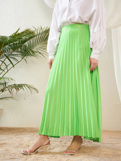 Green Satin Accordion Pleated Maxi Skirt