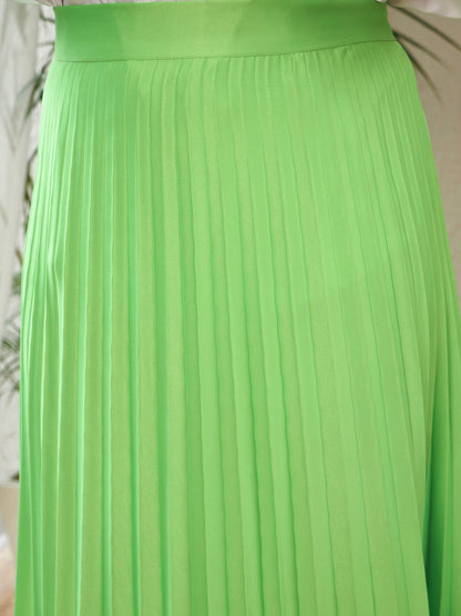 Green Satin Accordion Pleated Maxi Skirt