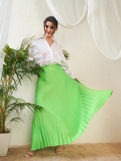 Green Satin Accordion Pleated Maxi Skirt