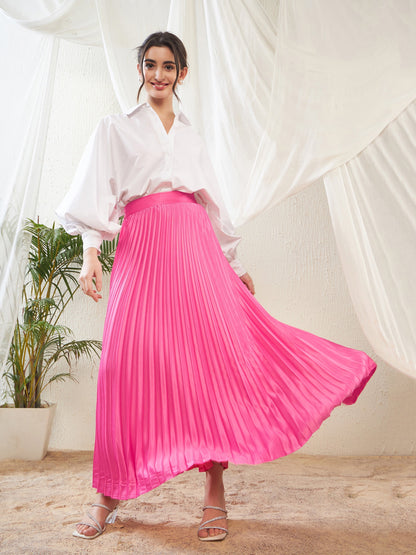 Pink Satin Accordion Pleated Maxi Skirt