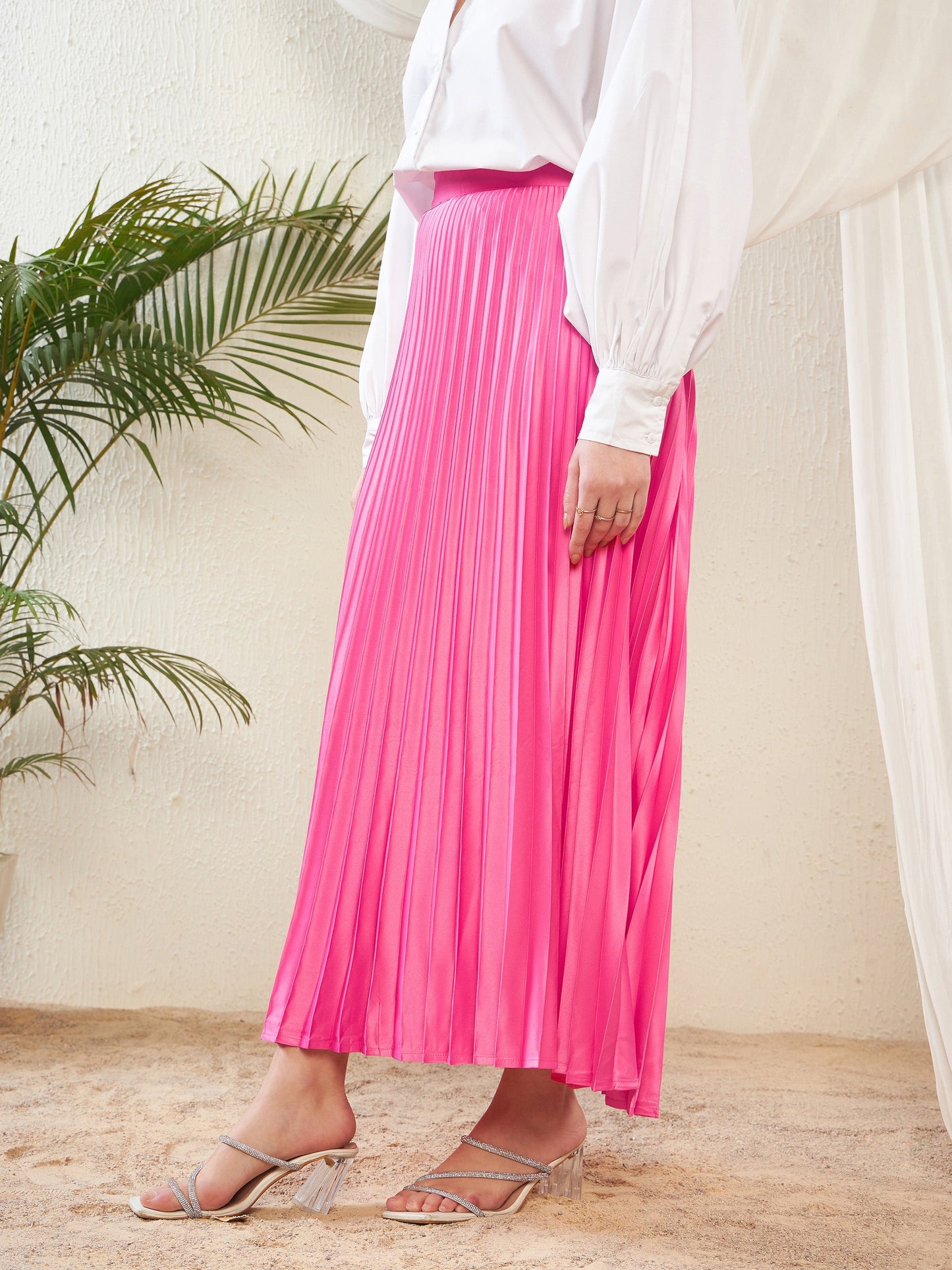Pink Satin Accordion Pleated Maxi Skirt