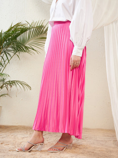 Pink Satin Accordion Pleated Maxi Skirt