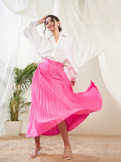 Pink Satin Accordion Pleated Maxi Skirt