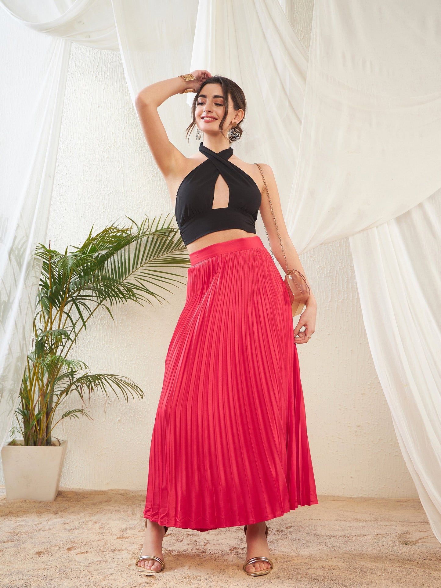 Red Satin Accordion Pleated Maxi Skirt