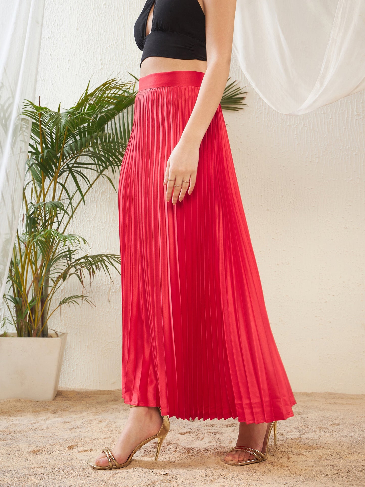 Red Satin Accordion Pleated Maxi Skirt