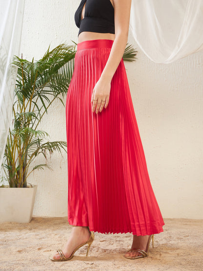 Red Satin Accordion Pleated Maxi Skirt