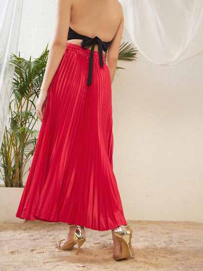 Red Satin Accordion Pleated Maxi Skirt