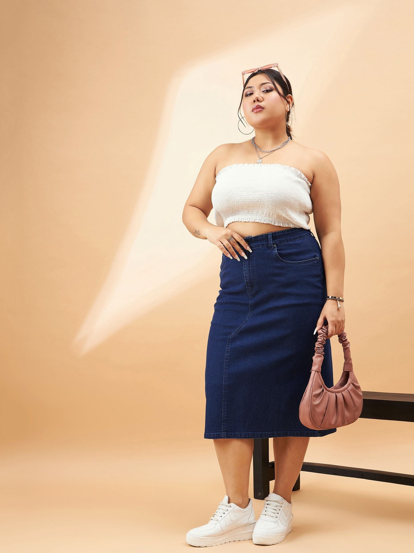 Navy Denim Acid Wash A-Line Skirt-SASSAFRAS Curve