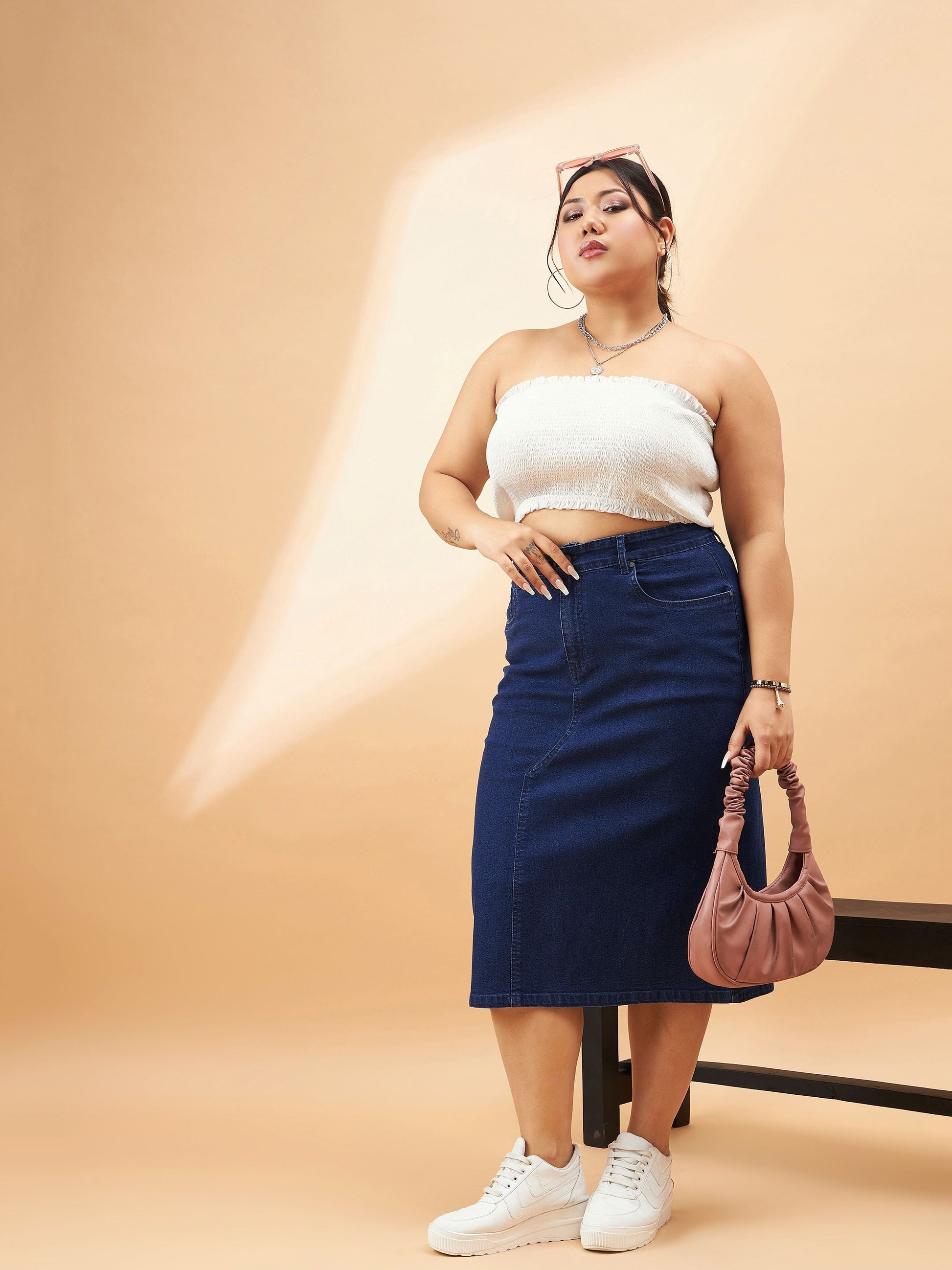 Navy Denim Acid Wash A-Line Skirt-SASSAFRAS Curve