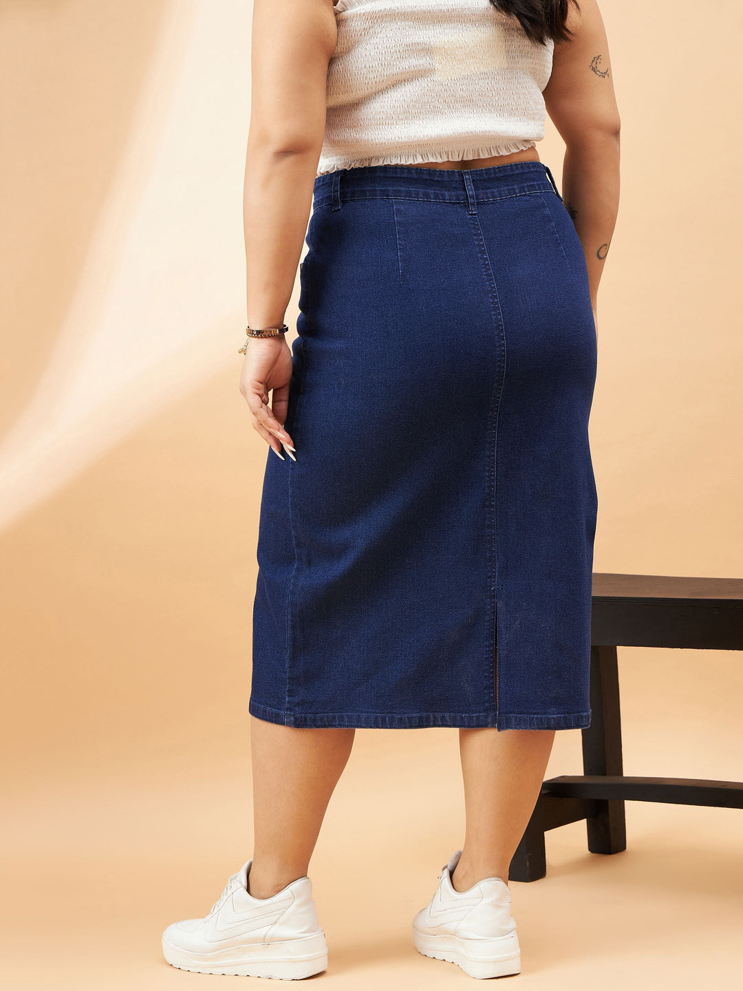 Navy Denim Acid Wash A-Line Skirt-SASSAFRAS Curve