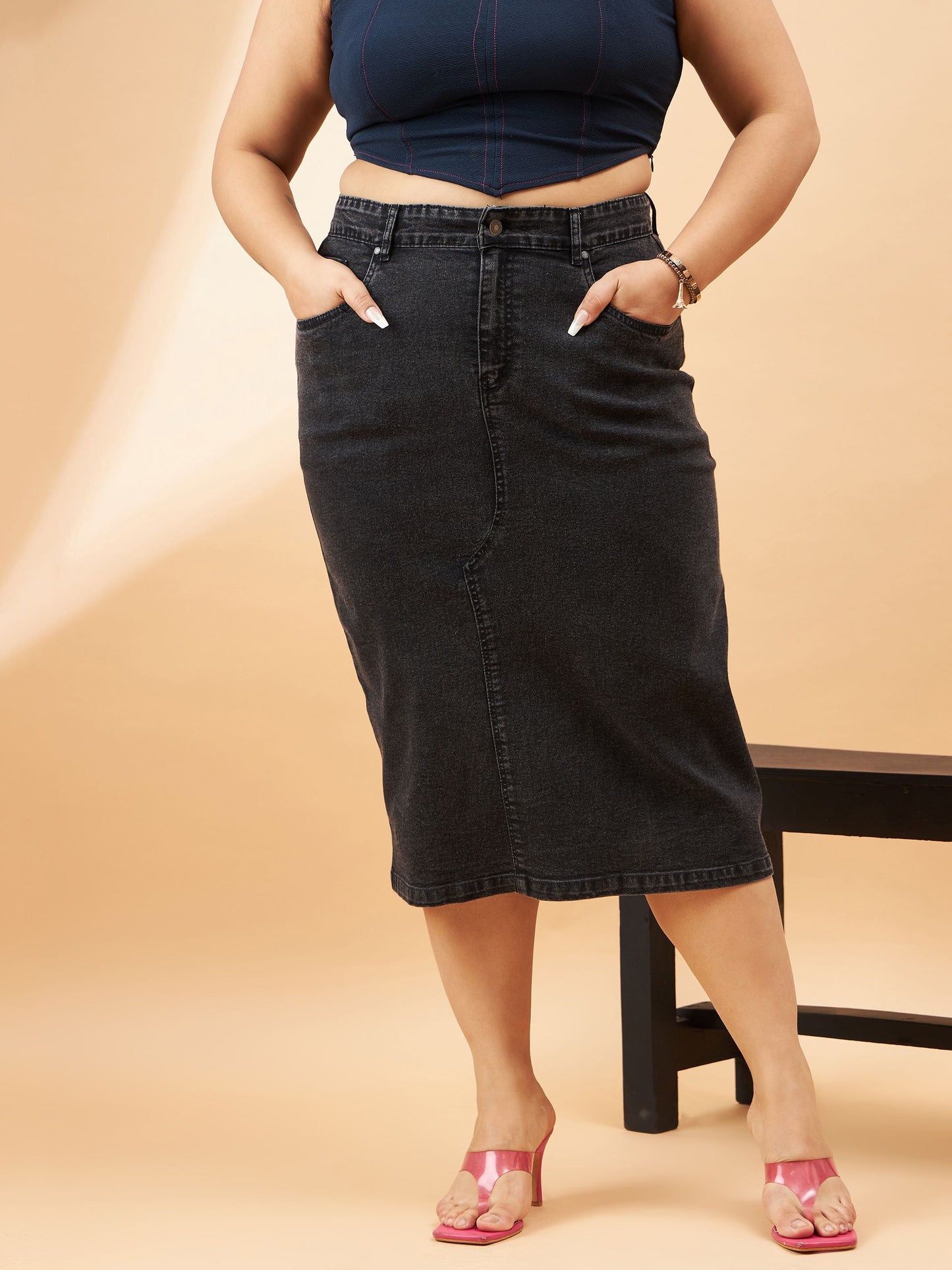 Plus size women's Black Denim Black Denim Acid Wash A-Line Skirt by Sassafras Curve for wholesale buyers, boutiques, resellers and bulk orders from