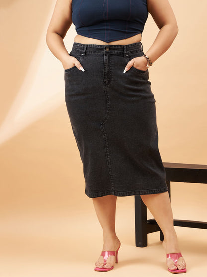 Plus size women's Black Denim Black Denim Acid Wash A-Line Skirt by Sassafras Curve for wholesale buyers, boutiques, resellers and bulk orders from