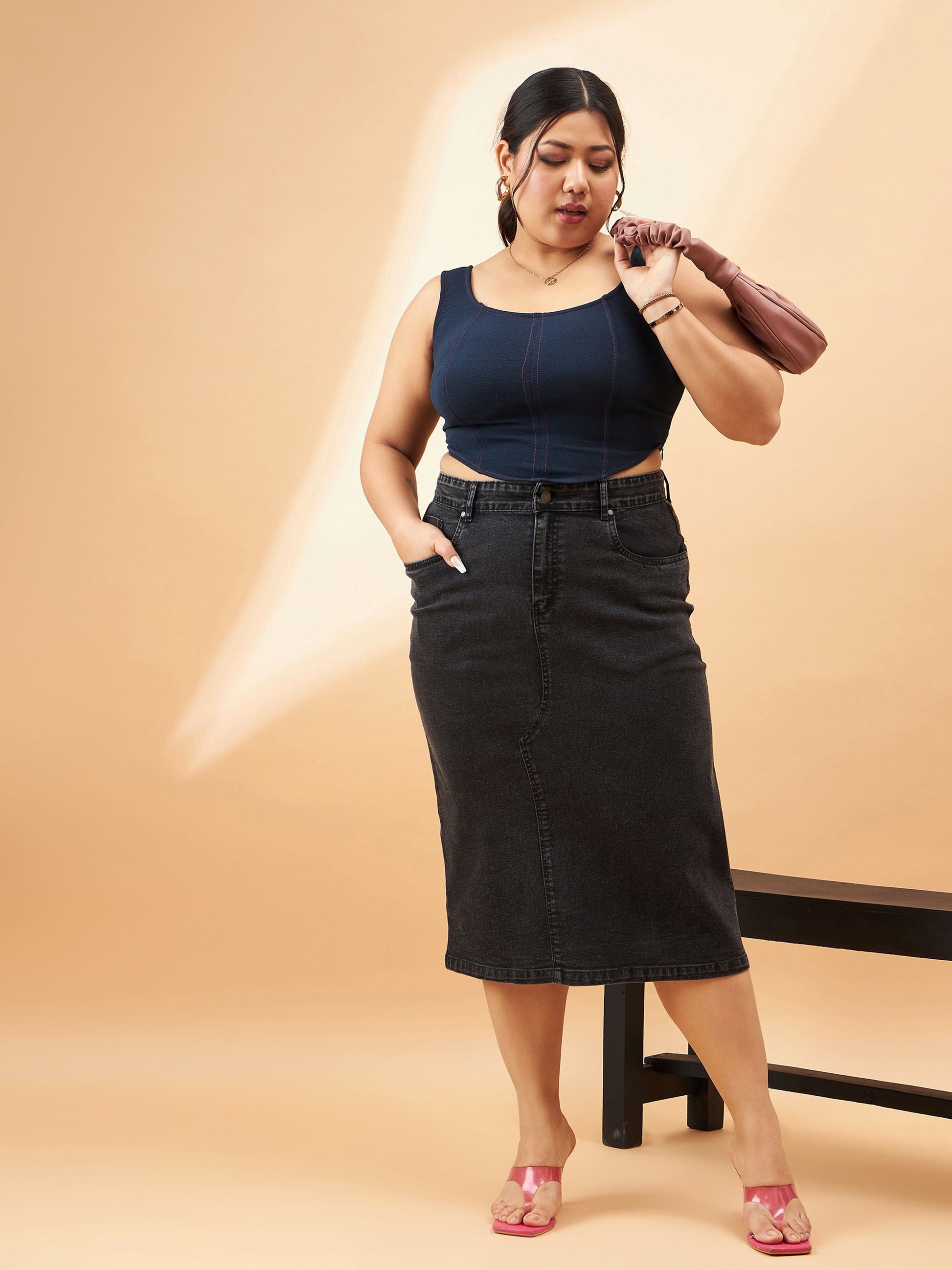 Black Denim Acid Wash A-Line Skirt-SASSAFRAS Curve