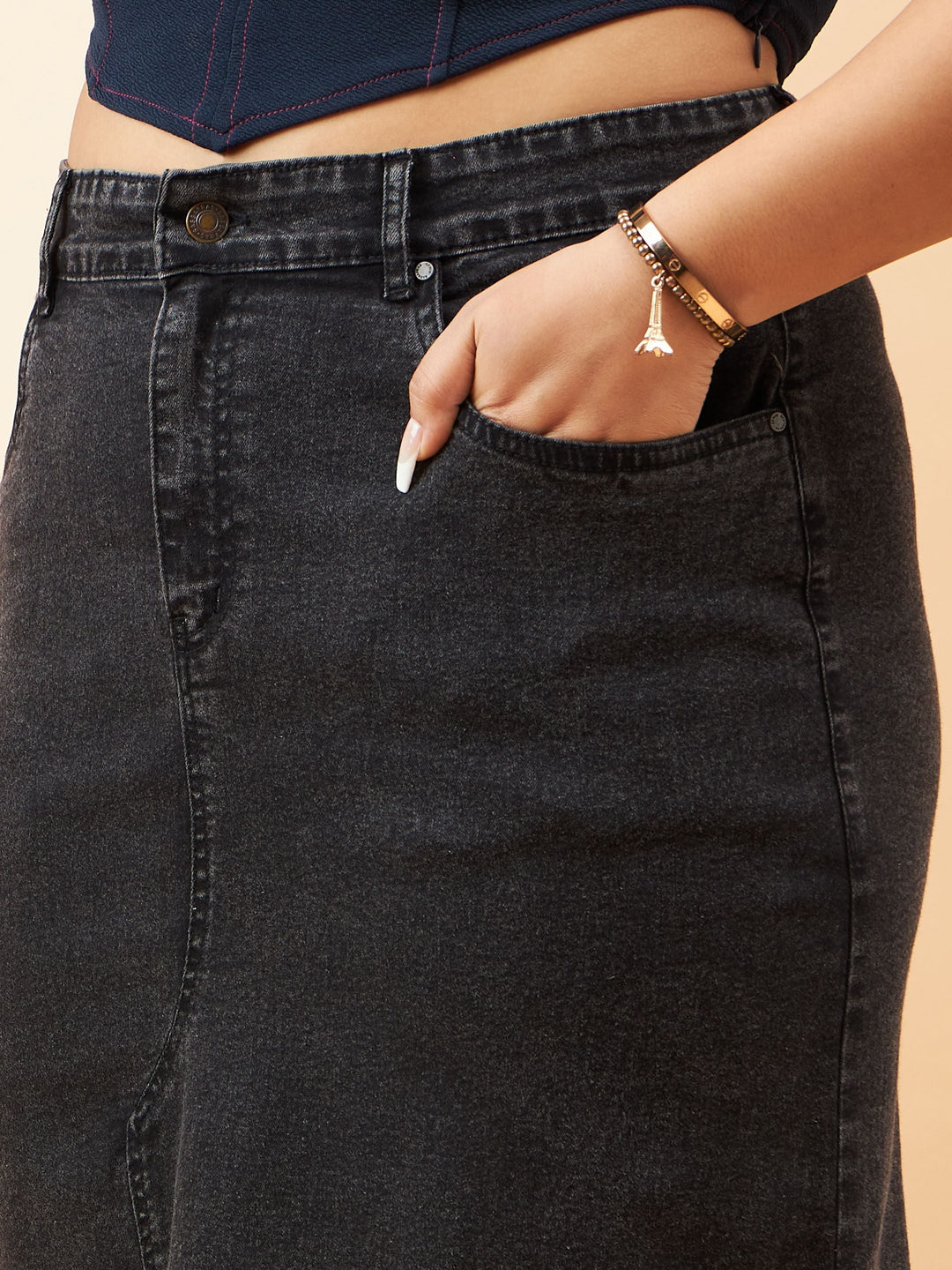 Black Denim Acid Wash A-Line Skirt-SASSAFRAS Curve