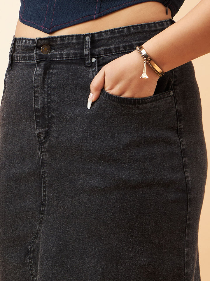 Black Denim Acid Wash A-Line Skirt-SASSAFRAS Curve