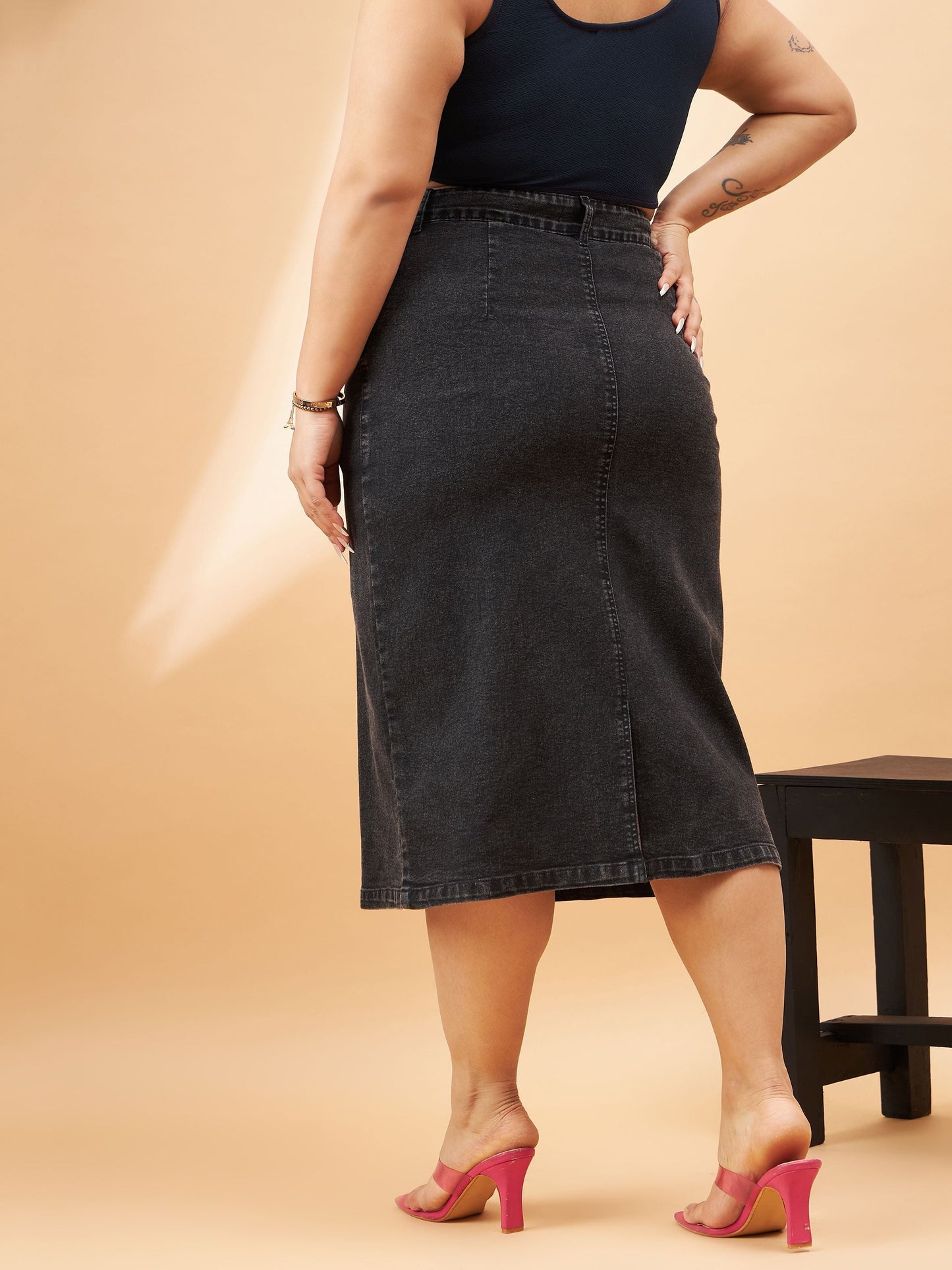 Black Denim Acid Wash A-Line Skirt-SASSAFRAS Curve