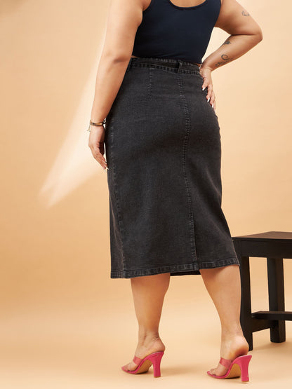 Black Denim Acid Wash A-Line Skirt-SASSAFRAS Curve