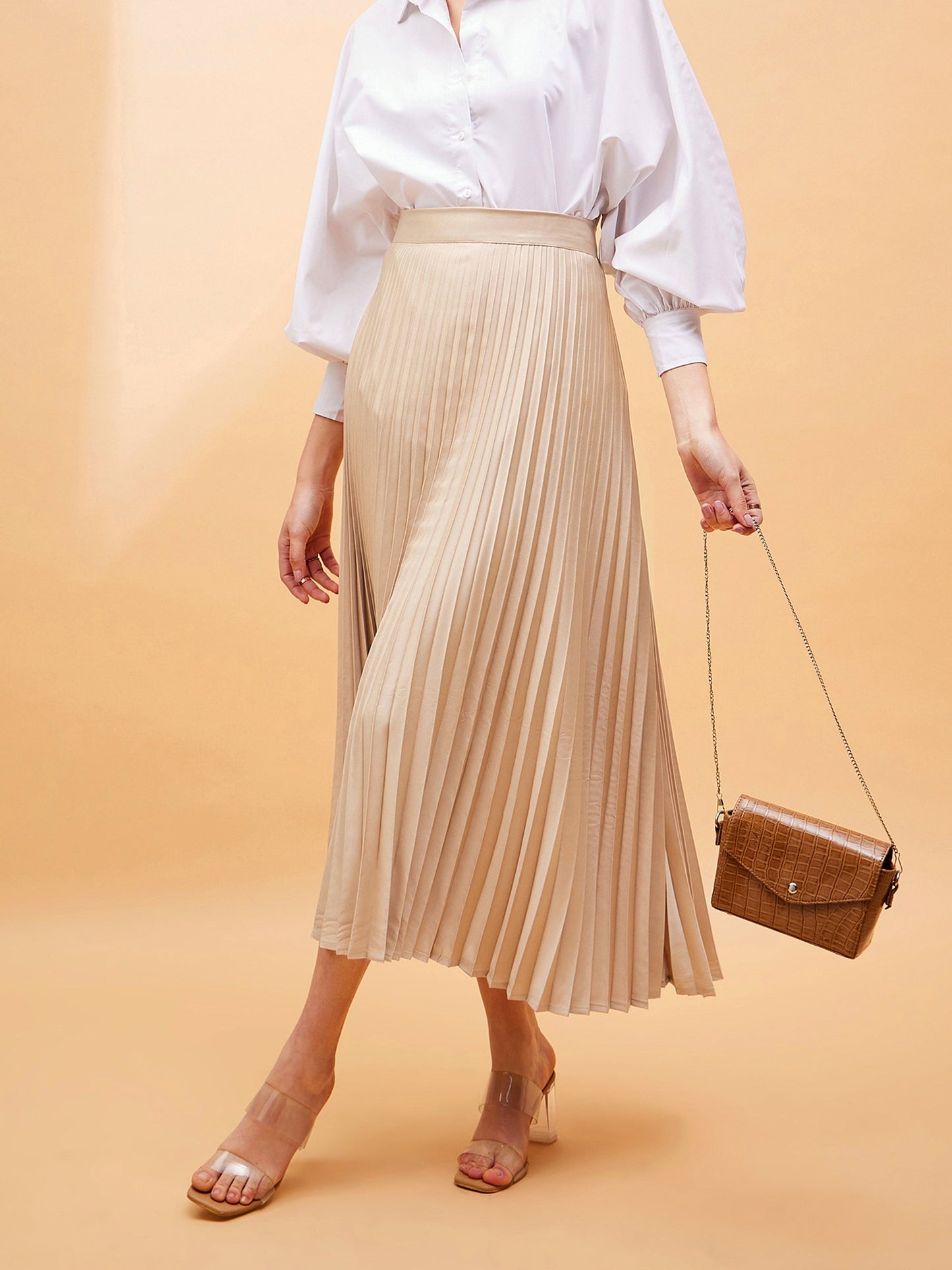 Beige Accordion Pleated Belted Midi Skirt