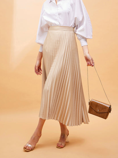 Beige Accordion Pleated Belted Midi Skirt