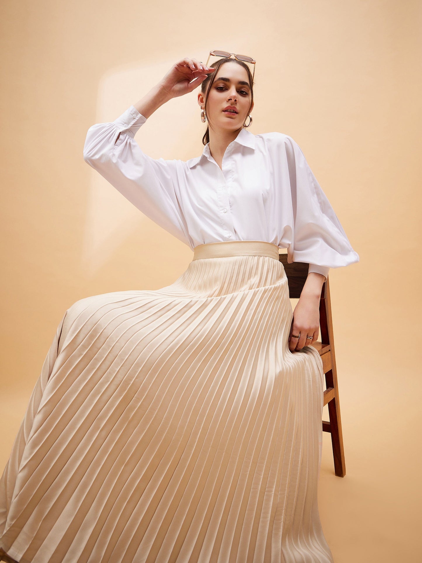 Beige Accordion Pleated Belted Midi Skirt