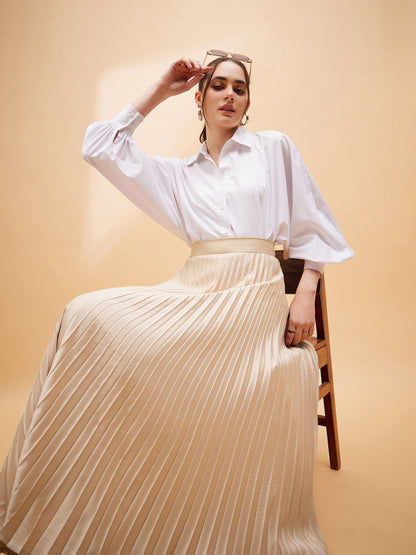 Beige Accordion Pleated Belted Midi Skirt