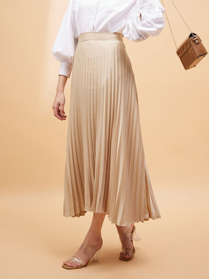 Beige Accordion Pleated Belted Midi Skirt