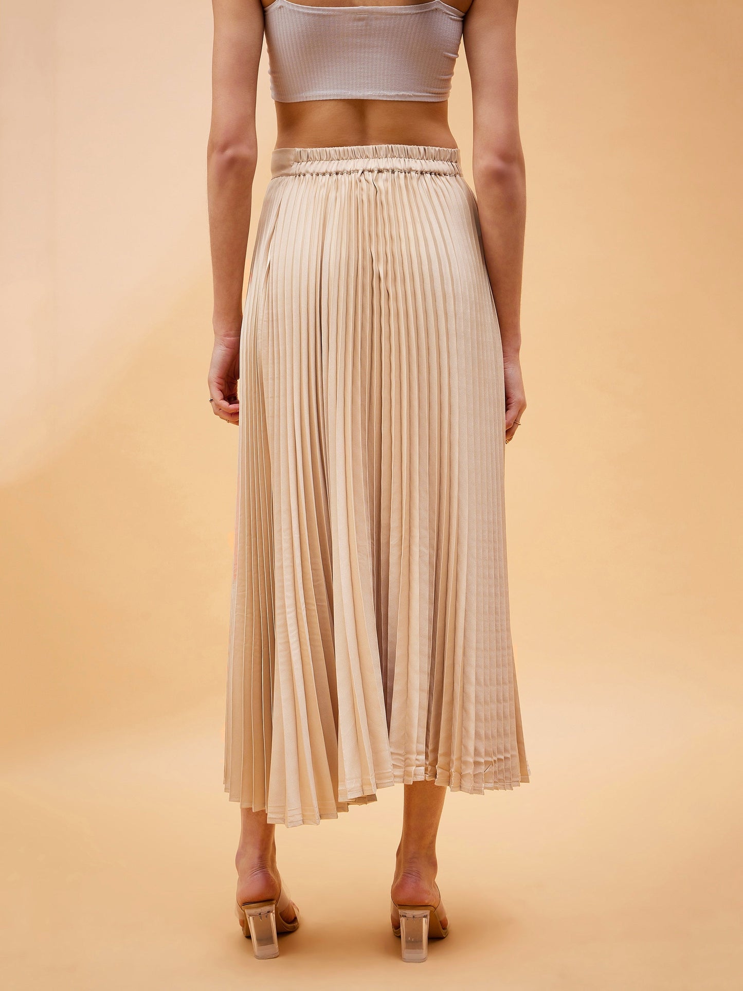 Beige Accordion Pleated Belted Midi Skirt