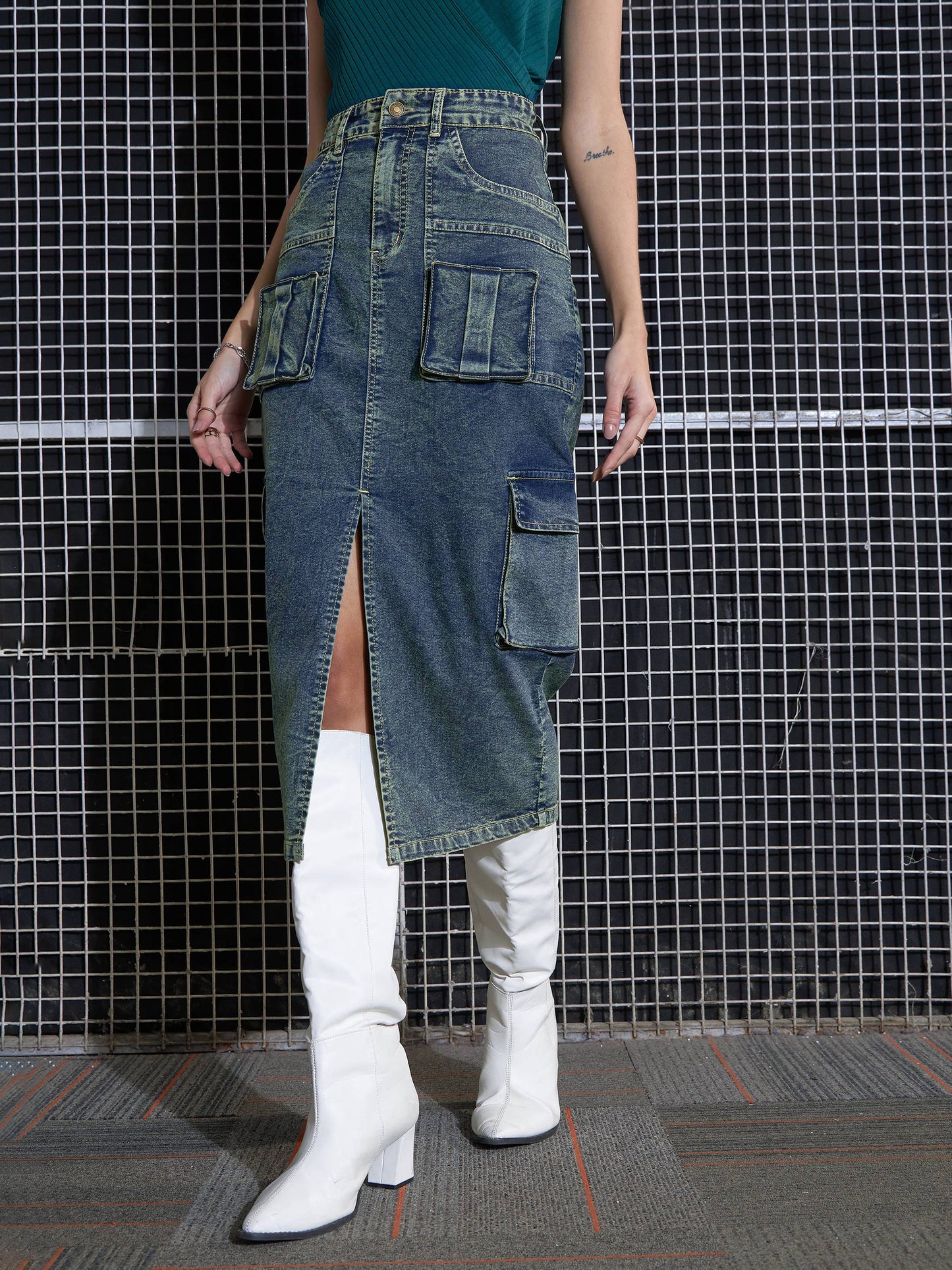 Women's Women Green Washed Denim Box Pocket Midi Skirt in Cotton by Sassafras for wholesale, bulk, supplier, manufacturer and wholesaler buyers from Trendphoria