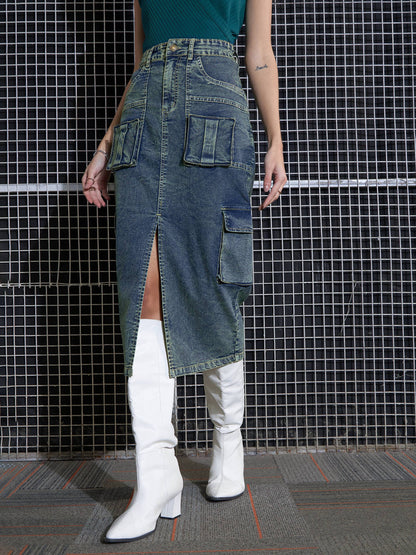 Women's Women Green Washed Denim Box Pocket Midi Skirt in Cotton by Sassafras for wholesale, bulk, supplier, manufacturer and wholesaler buyers from Trendphoria