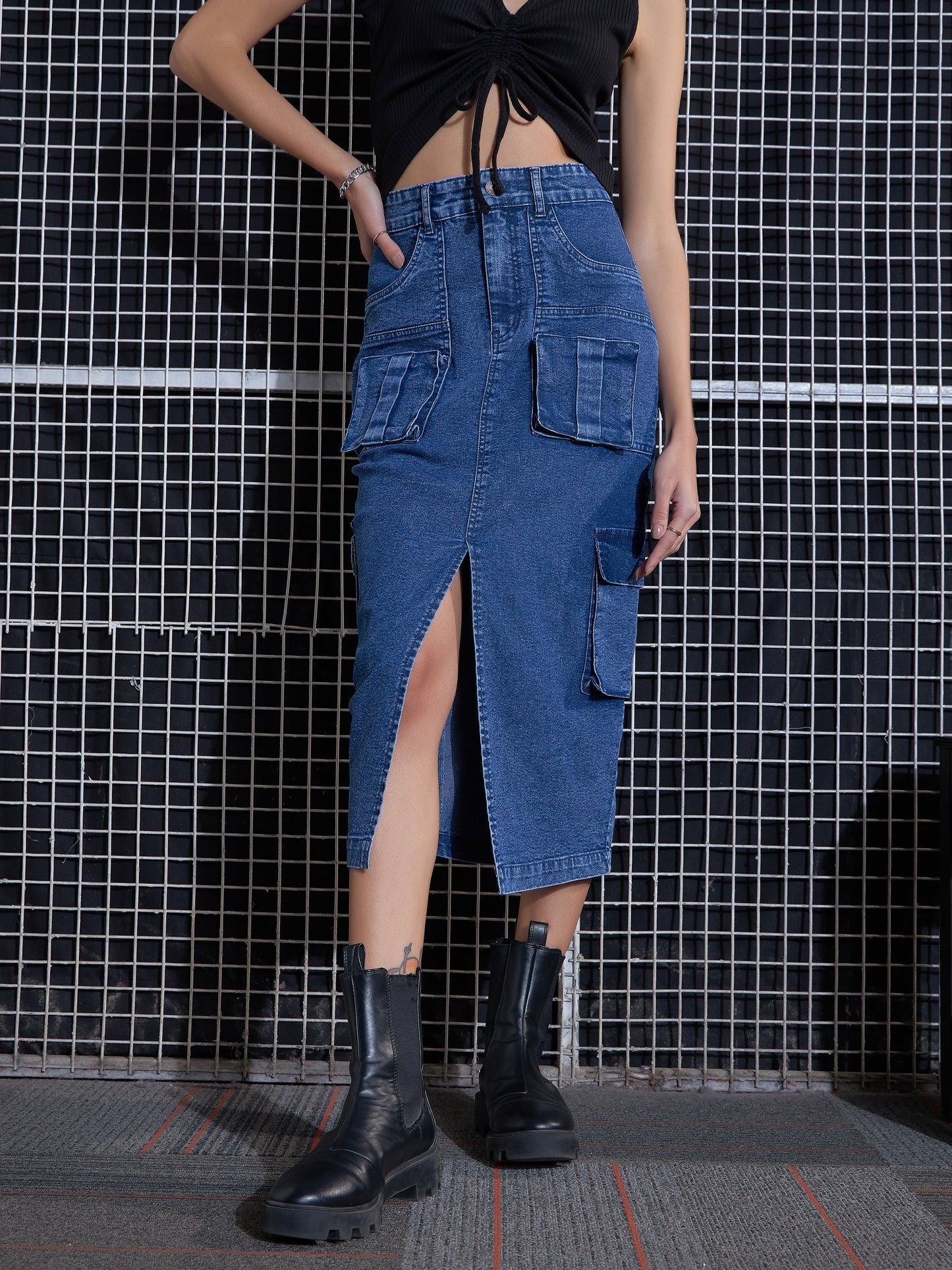 Women's Women Blue Washed Denim Box Pocket Midi Skirt in Cotton by Sassafras for wholesale, bulk, supplier, manufacturer and wholesaler buyers from Trendphoria