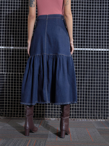 Women Blue Blast Denim Flared Midi Skirt