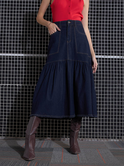 Women Navy Blast Denim Flared Midi Skirt