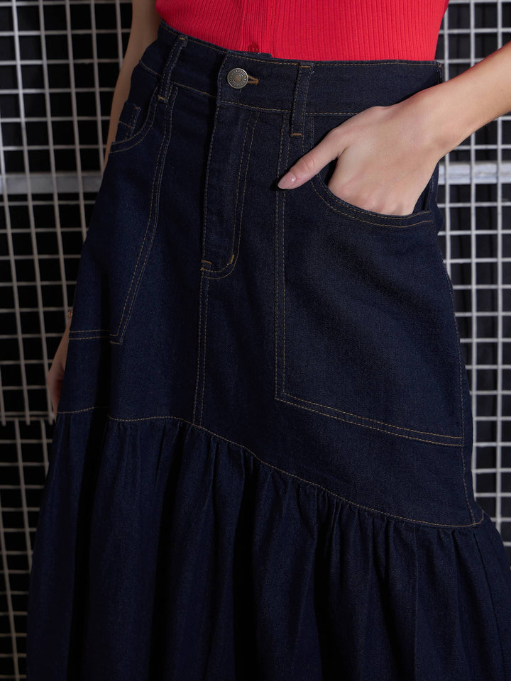 Women Navy Blast Denim Flared Midi Skirt