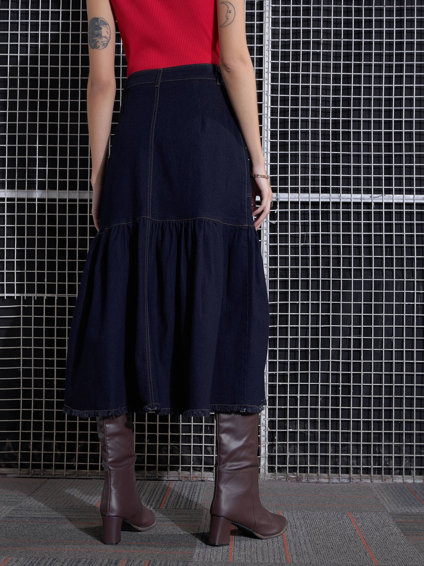 Women Navy Blast Denim Flared Midi Skirt