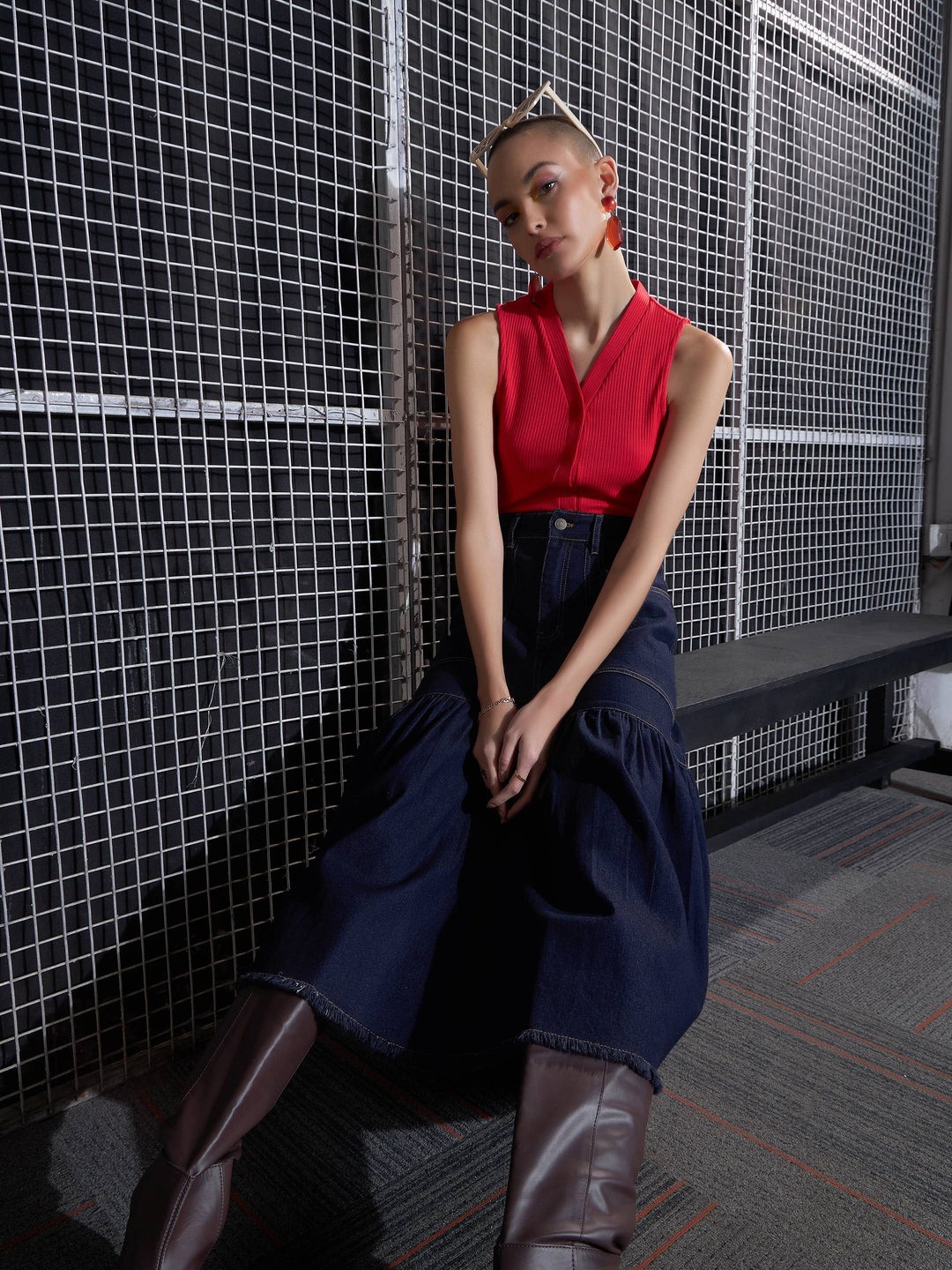 Women Navy Blast Denim Flared Midi Skirt