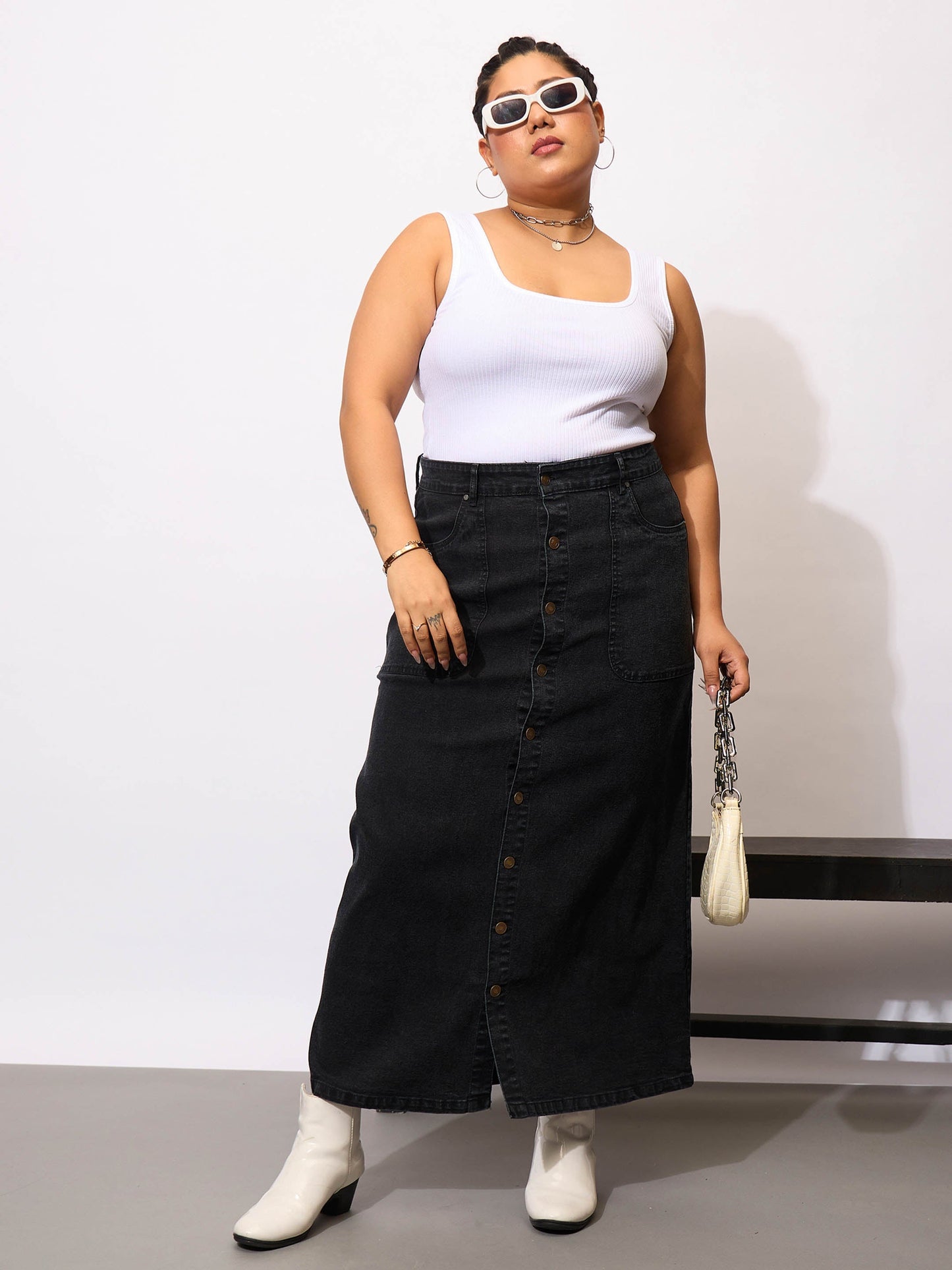 Plus size women's Black Denim Black Denim Acid Wash Front Button Skirt by Sassafras Curve for wholesale buyers, boutiques, resellers and bulk orders