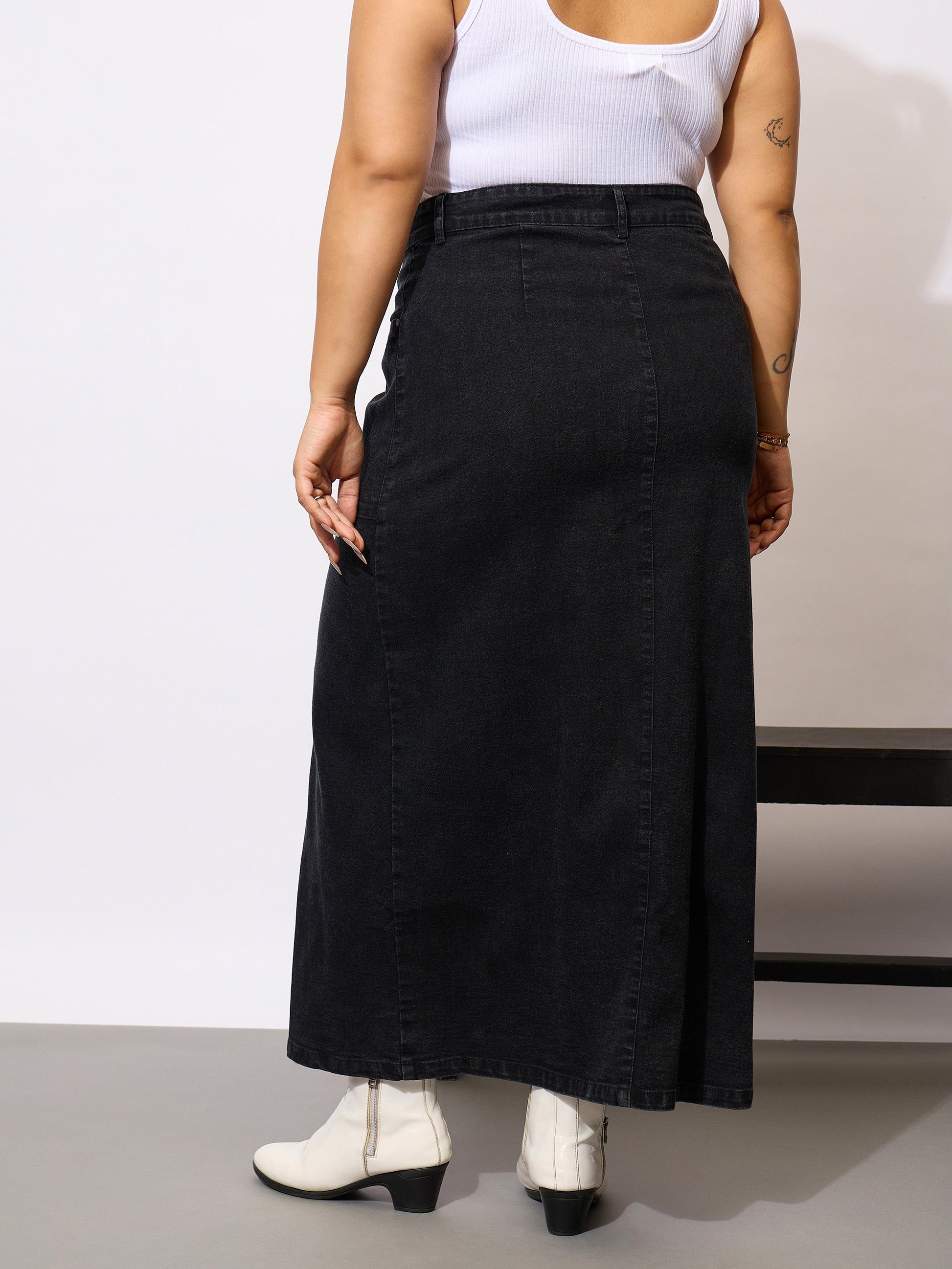 Black Denim Acid Wash Front Button Skirt-SASSAFRAS Curve