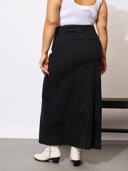 Black Denim Acid Wash Front Button Skirt-SASSAFRAS Curve