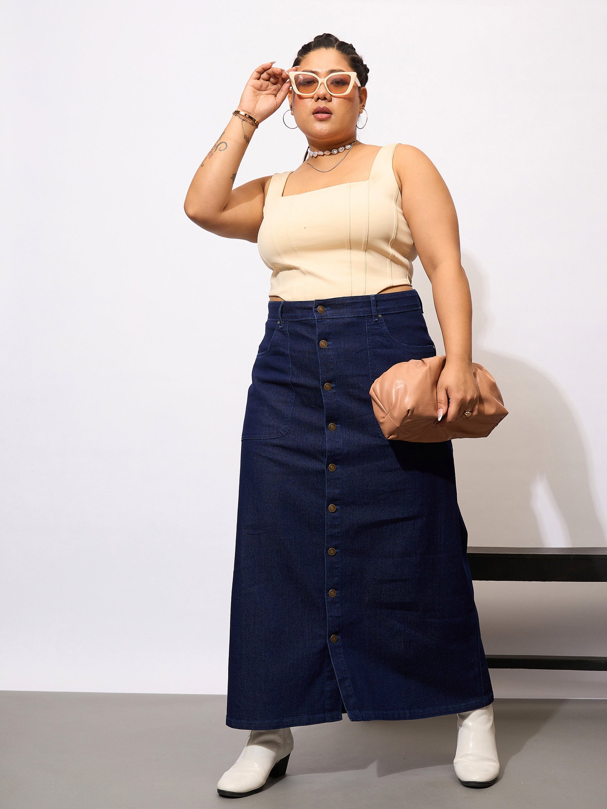 Plus size women's Navy Denim Navy Denim Acid Wash Front Button Skirt by Sassafras Curve for wholesale buyers, boutiques, resellers and bulk orders