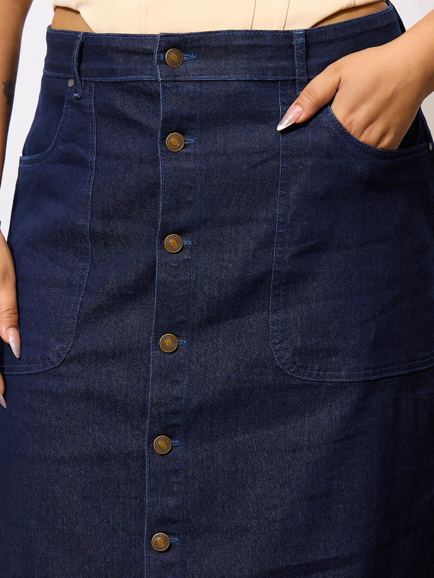 Navy Denim Acid Wash Front Button Skirt-SASSAFRAS Curve