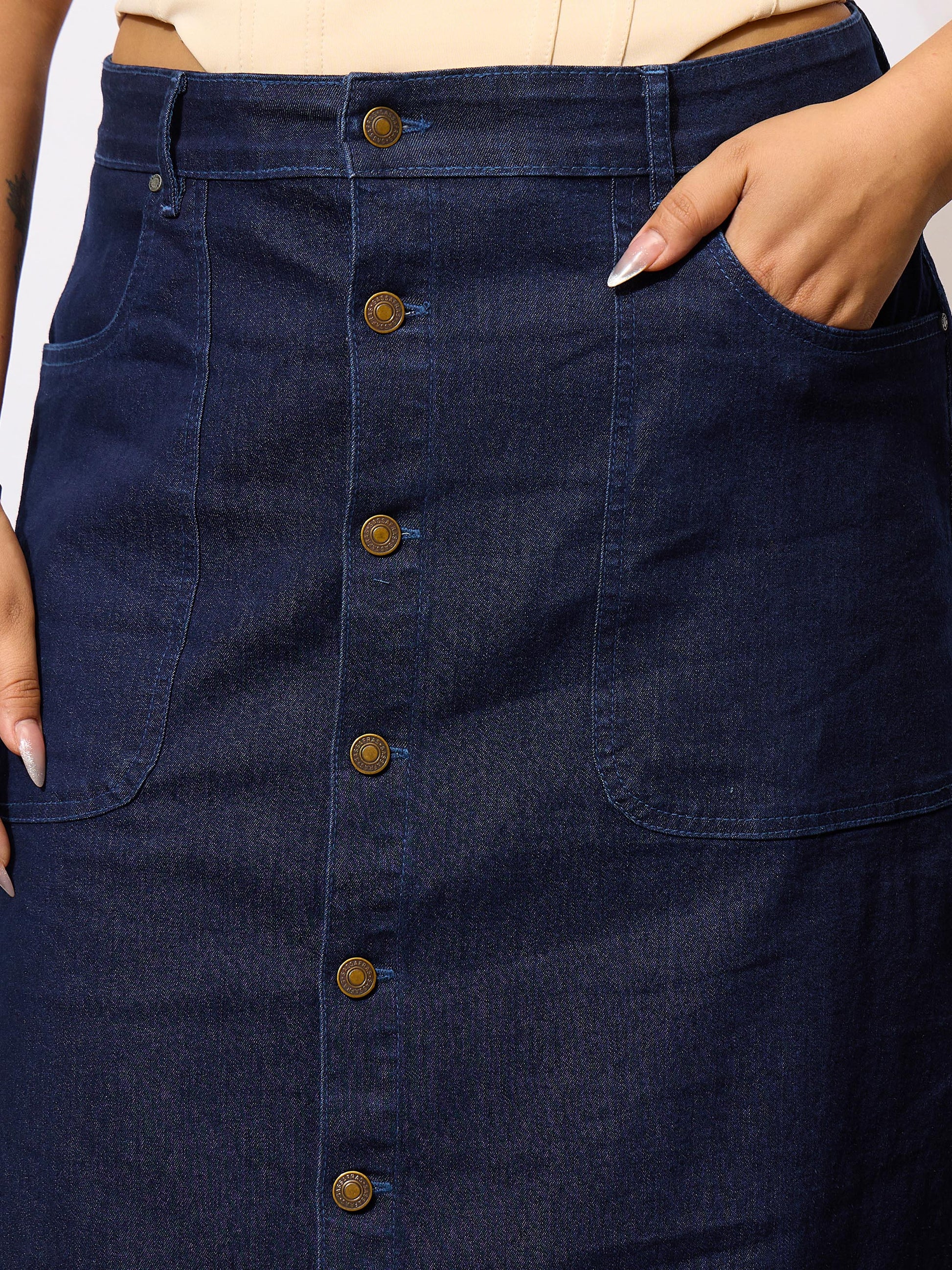 Navy Denim Acid Wash Front Button Skirt-SASSAFRAS Curve