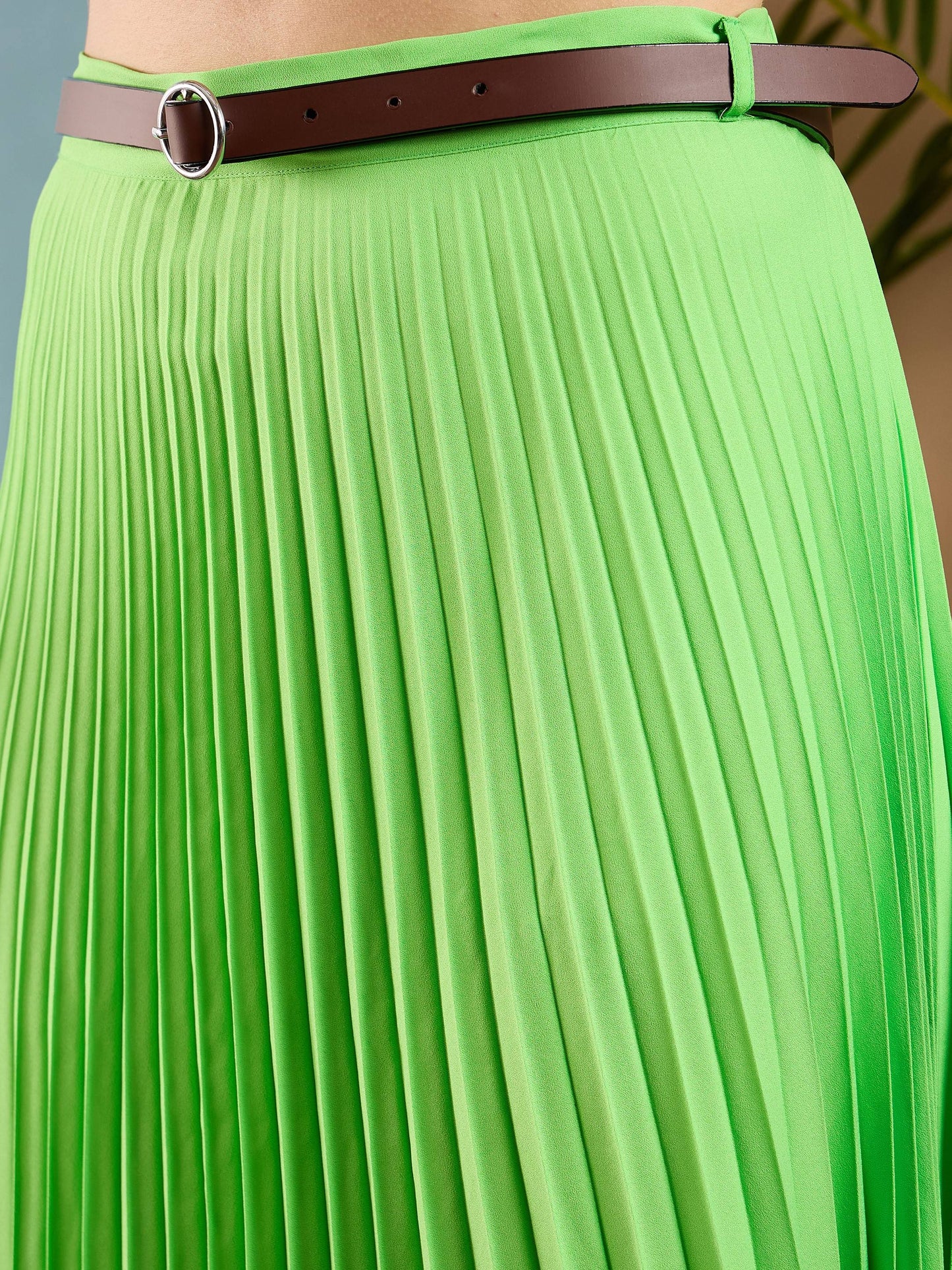 Green Accordion Pleated Midi Skirt