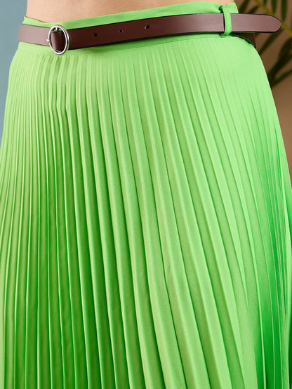 Green Accordion Pleated Midi Skirt