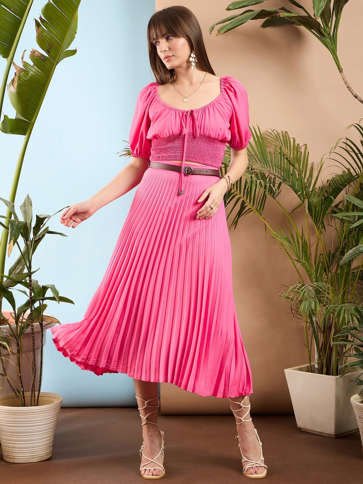 Pink Accordion Pleated Midi Skirt