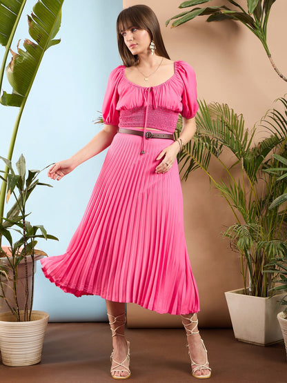 Pink Accordion Pleated Midi Skirt