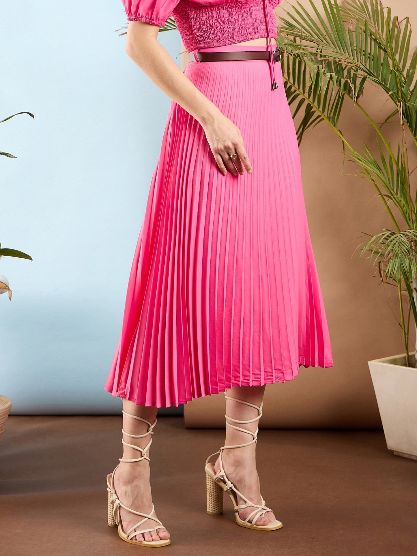 Pink Accordion Pleated Midi Skirt